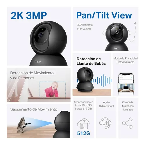 Tp-link Tapo C211 cámara PT 3MP 2k WIFI con audio bidireccional visión nocturna y seguimiento inteligente Autrotracking grabación 360° color negro