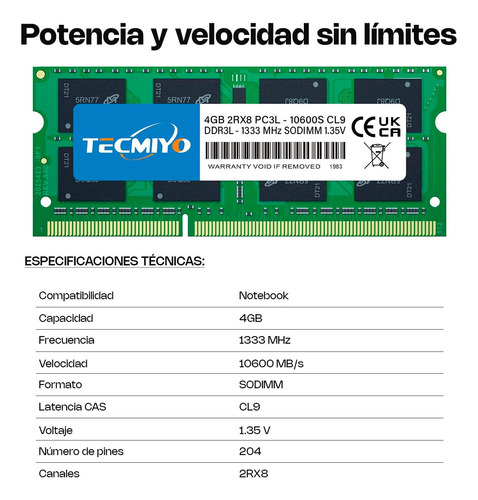 Memoria Ram 4gb Ddr3l 1333 Mhz Para Notebook Sodimm Tecmiyo