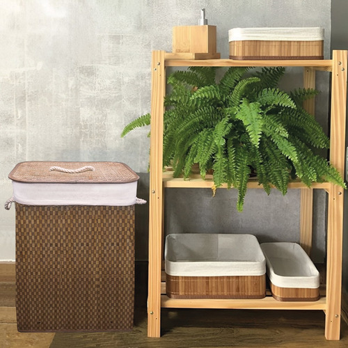 Cesto De Roupas Sujas Bebe Bambu Dobravel Banheiro Forrado Cor Bege Listras