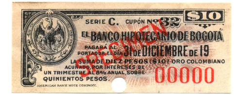 Cupón Espécimen Banco Hipotecario De Bogotá 19 (30)