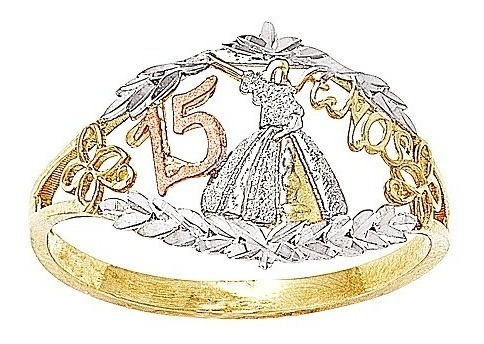 Imagen 2 de 2 de Anillo Quinceañera Vestido 3 Col Oro 10k - 687