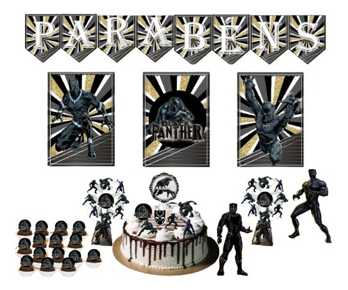 Topo De Bolo Pantera Negra Kit Completo Decoração Monta Faci