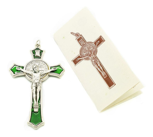 Imagem 3 de 3 de Crucifixo São Bento Prateado - Detalhe Em Resina Verde