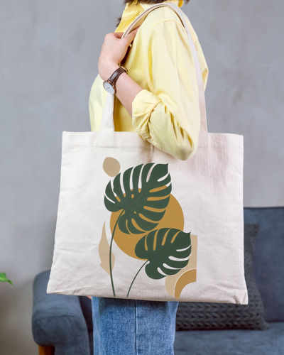 Bolso De Tela P/compras Estampado Hoja Tropical 40x50cm Beige Hoja Tropical