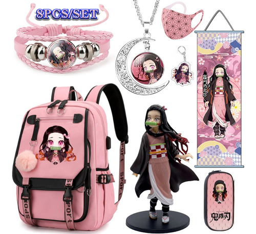 8 Unids/set Anime Demon Slayer Nezuko Mochila, Muñeca+máscar