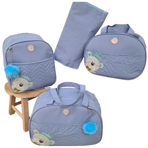 Bolsa Maternidade Bebê Kit 4 Peças Urso Azul Impermeável