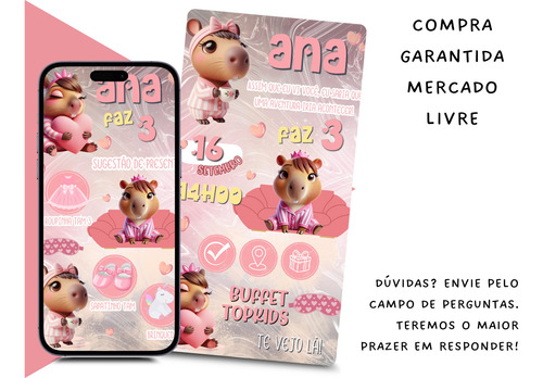 Convite Digital Interativo - Capivara Fofa * Menina Rosa