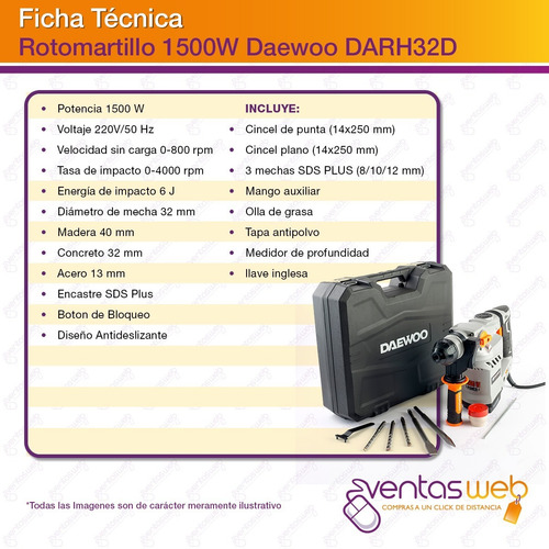 Imagen 4 de 5 de Rotomartillo 1500w Daewoo 32mm 6 Joules + Maletin Mechas