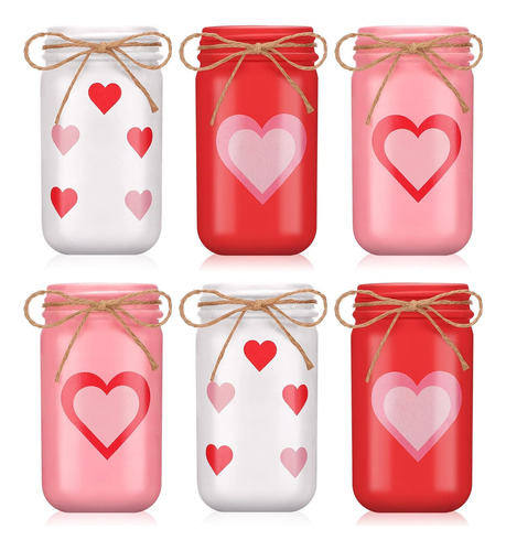 6 Tarros De San Valentín De 16 Oz Pintadas Con Corazón Envej