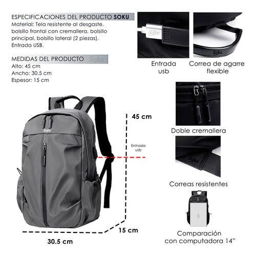 Soku Mochila Laptop 14 Cierres Amplia Ligera Viaje Deportiva Color Gris Diseño de la tela Liso