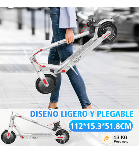 Patín eléctrico plegable para adultos lcd 35 km/h 600 w 8.5 pulgadas con luz led control de aplicación 3 niveles de velocidad ajustable batería 36 v 10.5 ah blanco Xgody