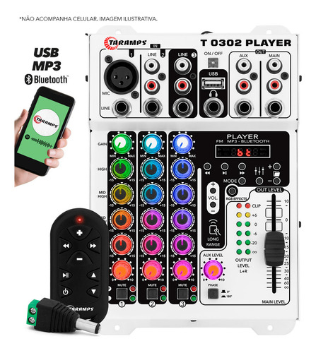Mesa de Som 3 Canais Player Multicolor T0302 Mixer Taramps T 0302 Equalizador Mp3 Usb Fm Bluetooth 72 Efeitos Rgb Led 12V