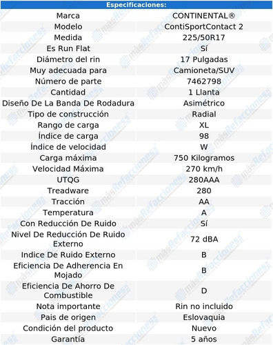 1- Llanta 98w Conti Contisportcontact 2 225/50r17 Run Flat