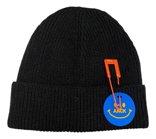 Gorro Beanie De Lana Diseño Sonrisa Doblez Negro Forro Polar