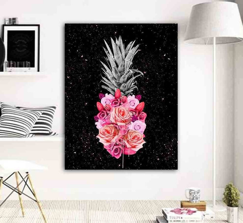 Cuadro Piña Decorativo Moderno En Canvas Con Flores 50x70cm