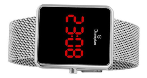 Relogio Feminino Digital Led Vermelho Prata Quadrado Champion Original+nf