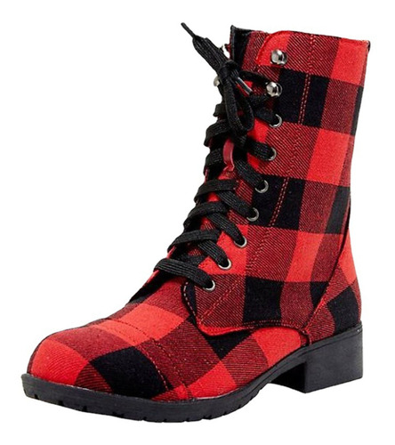 Botas Inverno Preto Vermelho Xadrez Cabeça Redonda Salto Méd