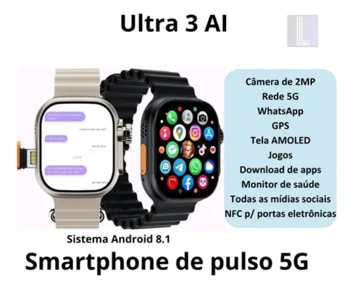 Smartwatch Ultra 3 Ai Chip 5g Câmera Wifi 16gb + 7 Pulseiras