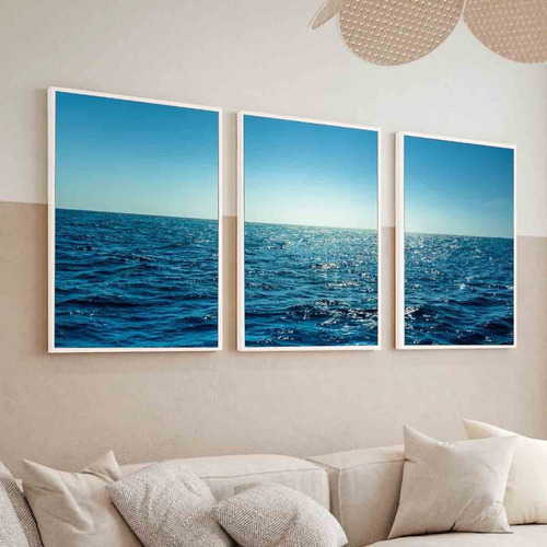 Kit 3 Quadros Decorativos Mar Azul Paisagem Moderno Moldura