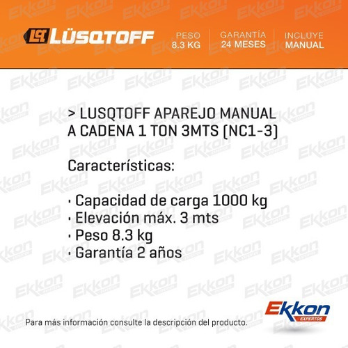 Imagen 2 de 8 de Aparejo Cadena Manual Lusqtoff 1 Tonelada 3 Mts Elevacion