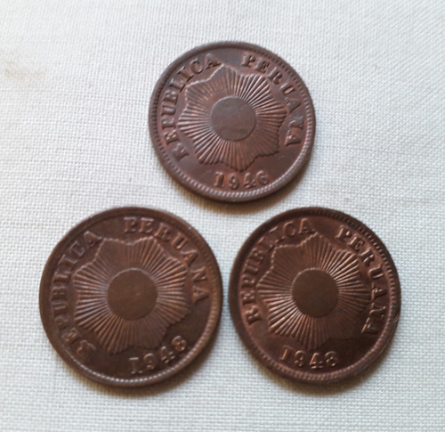 Peru 1 Centavo Años 1946 1948 Moneda De Bronce Km#211a C/u