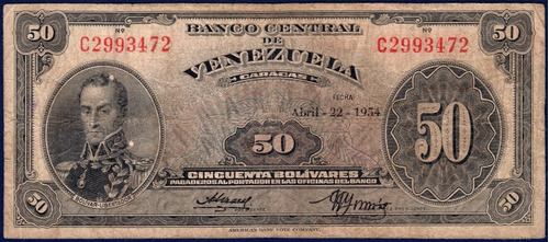 Billete De 50 Bolívares C7 Abril 22 1954 Simón Bolívar