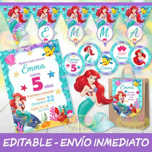Kit Imprimible La Sirenita Princesa Ariel 100% Editable