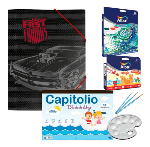 Kit Dibujo 51 Art. Rapido Furioso Temperas Acuarelas Pincel 