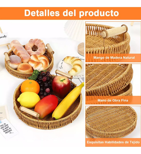 Ml 3pcs Canasta Ratán Mimbre Redonda Cestas Pan Bandeja Con