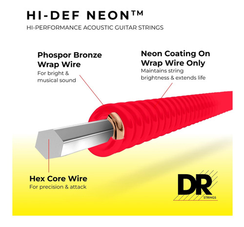 Dr Strings Hi-def Neon Rojo Recubierto De Guitarra Acústica