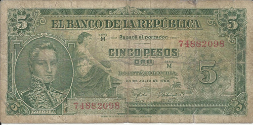 Colombia 5 Pesos Oro 20 Julio 1960