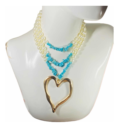 Gran Collar Corazón Bañado En Oro Perlas Y Turquesa Natural