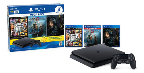 Sony PlayStation 4 Slim 1TB Mega Pack: Grand Theft Auto V Premium Edition/God of War/Death Stranding color negro azabache