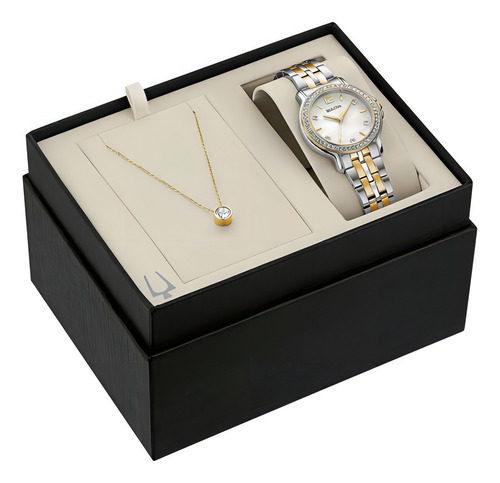 Reloj Bulova Dama Swarovski Dorado 98x127 Cristal Set Collar Color de la correa Plateado/Dorado Color del fondo Blanco