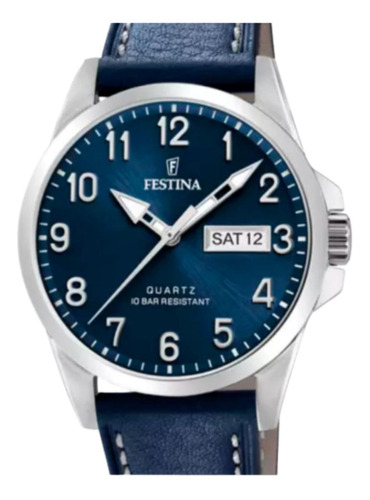 Reloj pulsera Festina F20358 con correa de cuero color azul - bisel plata