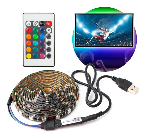 Tira Led Para Tv Pc 2 Metros Autoadhesiva Usb Control Remoto