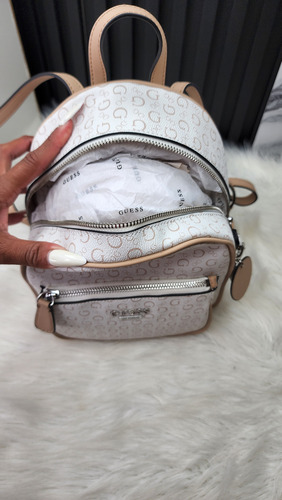 Backpack Guess Dd672430 Nueva 100 % Original Con Etiqueta Blanco Estampado Níquel Beige