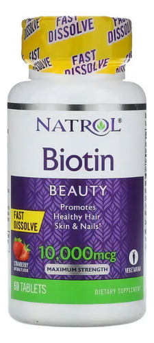 Natrol Biotina 10000 Mcg, Máxima Fuerza Sabor Fresa, 60 Tabletas, Ayuda A Mantener El Metabolismo Y Ayuda A Convertir Los Alimentos En Energía, Promueve Cabello, Piel Y Uñas Saludables