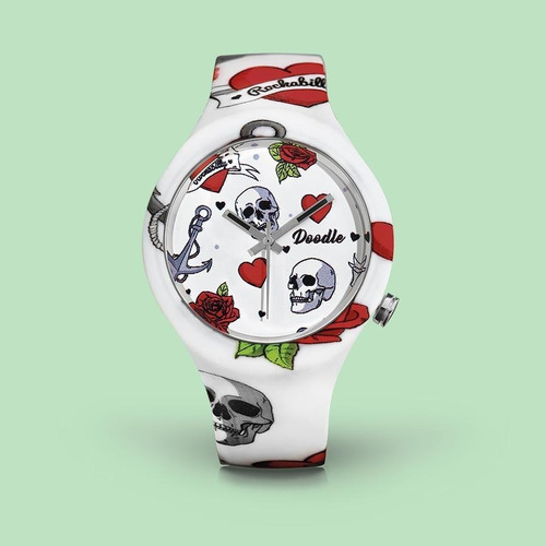 Reloj Doodle Diseño Italiano Calavera Ancla Amor Rosas