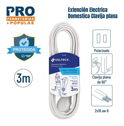 Extensión Eléctrica Doméstica 3 M Blanca Con Clavija Plana
