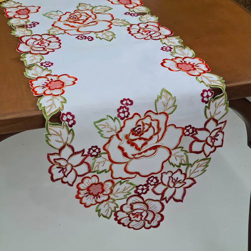 Sendero de mesa bordado con flores, Holanda, 1,80 m, color blanco con flor roja