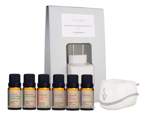 Kit Básico Aromaterapia Via Aroma Difusor E 6 Óleo Essencial Cor Branco