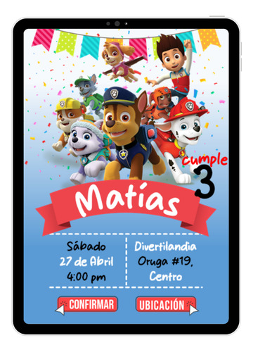 Invitación Digital Infantil Pdf Botón Confirmación Ubicación Paw Patrol Niño