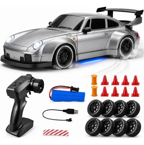 Carrinho De Controle Remoto Porsche Drift 4x4 Alta Velocidade 20km/h Bateria Recarregavel 2 4ghz Escala 1:24 Com Luzes Led Pneus Extras E Cones De Obstaculos Kizumba Cor Cinza