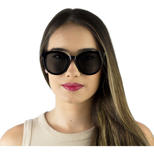 Óculos De Sol Feminino Gatinho Grande Redondo Lentes Uv400 Armação Preto