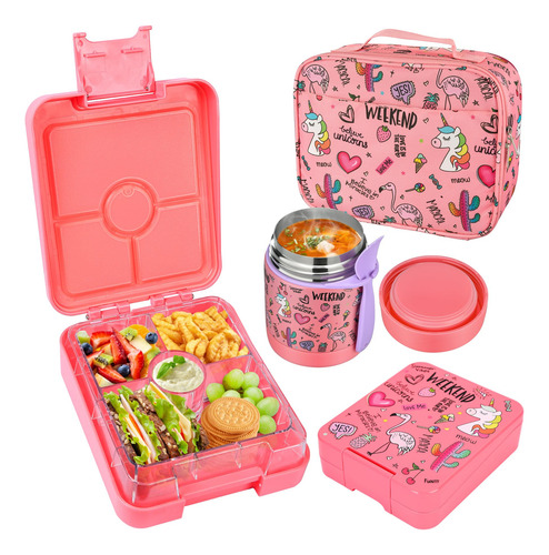 Lonchera Juego 4 Piezas Con Termo Recipiente Y Tarro Rosa