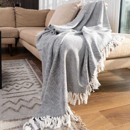 Manta Cubre Cama Sillon Algodon Rustica Flecos Decoracion Color Gris Claro/ Blanco Diseño Espigas