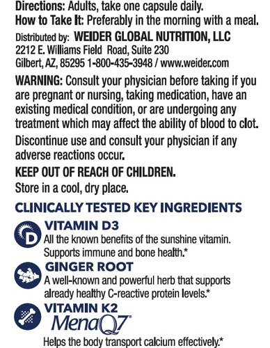 Weider Artery Health Vitamina K2 180mcg Y D3 5000 Iu 30 Caps