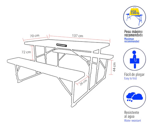 Set Mesa Y Bancos Plegables 137x70x72cm Diseño Madera Northw