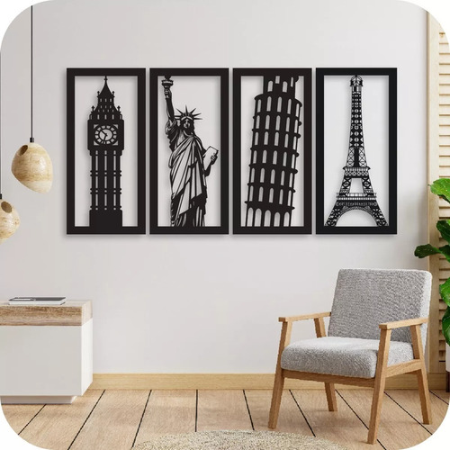 Imagen 1 de 5 de Cuadro Calado Monumentos Eiffel Libertad Pisa Big Ben Set X4